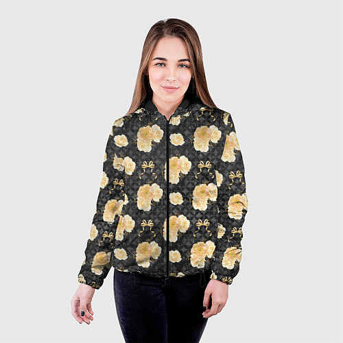Женская куртка Желтые цветы на черном фоне / 3D-Черный – фото 4