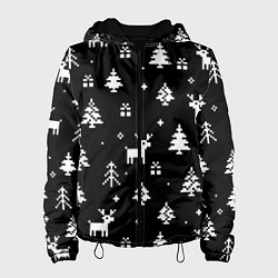 Куртка с капюшоном женская ЕЛКИ И ОЛЕНИ НА ЧЕРНОМ ФОНЕ, цвет: 3D-черный