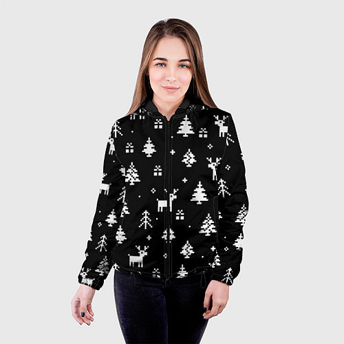 Женская куртка ЕЛКИ И ОЛЕНИ НА ЧЕРНОМ ФОНЕ / 3D-Черный – фото 4