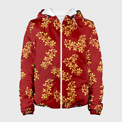 Куртка с капюшоном женская Золотые веточки на ярко красном фоне, цвет: 3D-белый