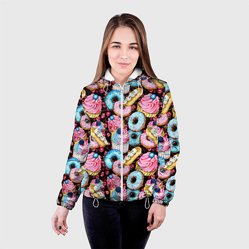 Женская куртка Узор из сладостей на черном фоне / 3D-Белый – фото 4