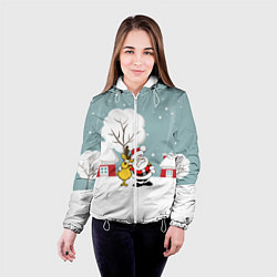 Куртка с капюшоном женская Деревенский Новый Год Дед Мороз и Олень, цвет: 3D-белый — фото 2