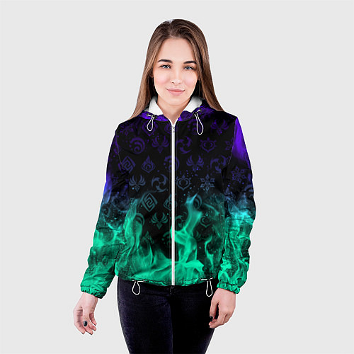 Женская куртка НЕОНОВЫЙ ОГОНЬ ГЕНШИН ИМПАКТ СИМВОЛЫ / 3D-Белый – фото 4