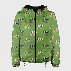 Куртка с капюшоном женская Живописные коровы на лугу паттерн, цвет: 3D-черный