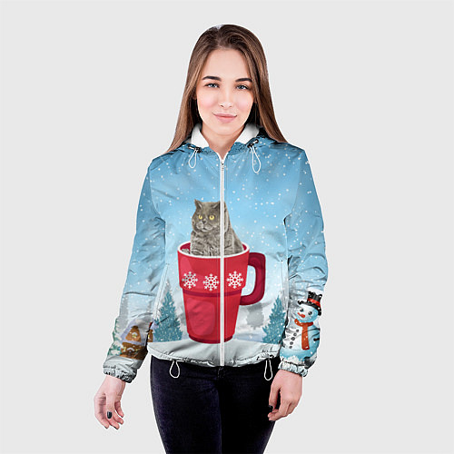 Женская куртка Удивленный котик в кружке / 3D-Белый – фото 4