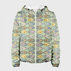 Куртка с капюшоном женская Рыбы паттерн, цвет: 3D-белый