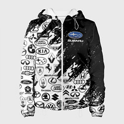 Куртка с капюшоном женская Subaru - Паттерн логотипов авто, цвет: 3D-белый