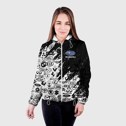 Женская куртка Subaru - Паттерн логотипов авто / 3D-Белый – фото 4