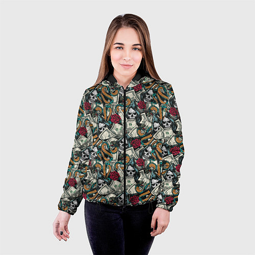 Женская куртка Смерть, Змея, Доллары, Розы / 3D-Черный – фото 4