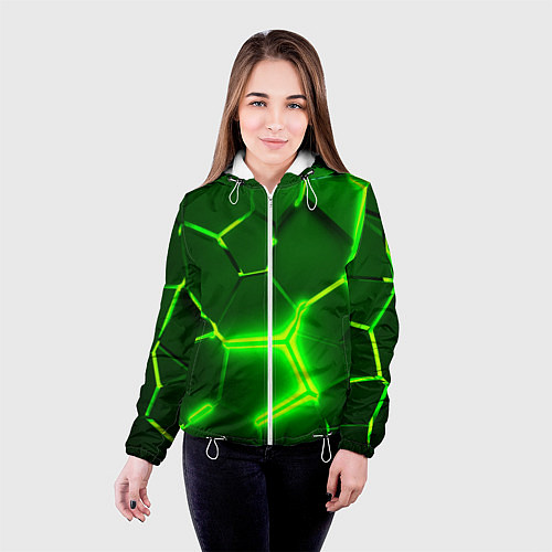 Женская куртка 3D ПЛИТЫ НЕОН NEON GREEN HEXAGON РАЗЛОМ / 3D-Белый – фото 4