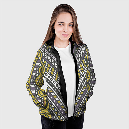 Женская куртка Абстрактный узор в стиле дудл Желтый, серый и белы / 3D-Черный – фото 3
