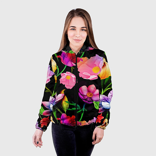 Женская куртка Цветочный узор Floral pattern / 3D-Черный – фото 4