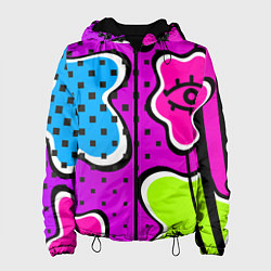 Куртка с капюшоном женская Яркий абстрактный узор в стиле 90х, неоновые цвета, цвет: 3D-черный