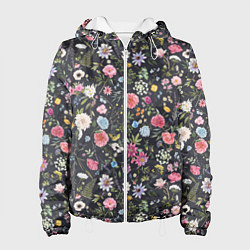 Женская куртка Разные цветы, листья, травы на темном фоне