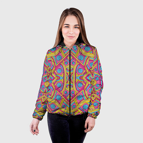 Женская куртка Разноцветный и яркий узор в дудл стиле / 3D-Черный – фото 4