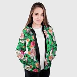Куртка с капюшоном женская Нежные розы на изумрудном фоне, цвет: 3D-черный — фото 2