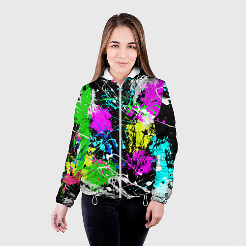 Женская куртка Разноцветные пятна краски на черном фоне / 3D-Белый – фото 4