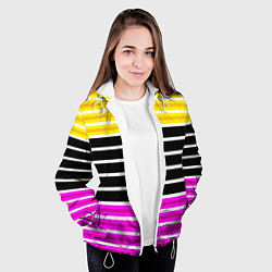 Куртка с капюшоном женская Желтые розовые и черные полосы на белом, цвет: 3D-белый — фото 2