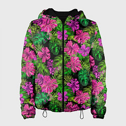 Женская куртка Тропические листья и цветы на черном фоне