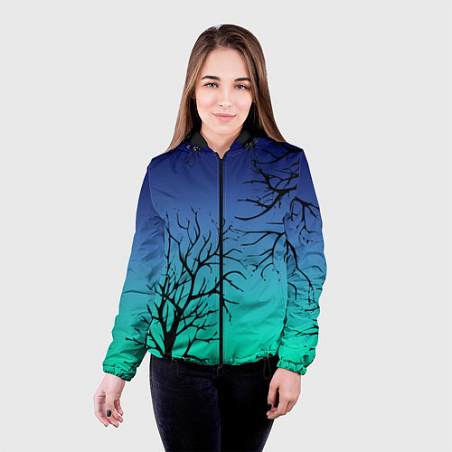 Женская куртка Черные абстрактные ветки деревьев на сине-зеленом / 3D-Черный – фото 4