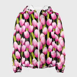 Куртка с капюшоном женская Цветы Розовые Тюльпаны, цвет: 3D-белый
