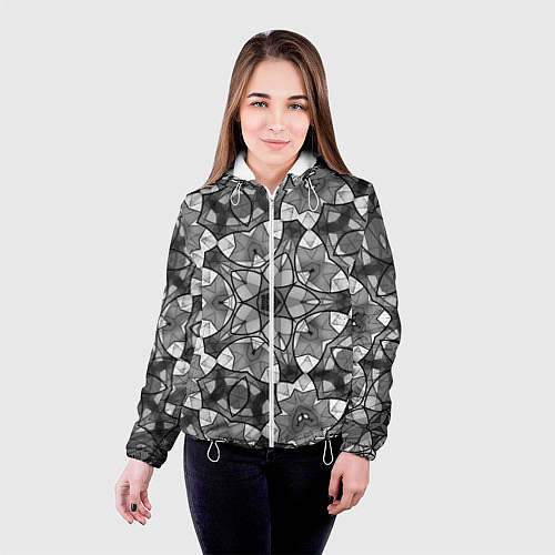 Женская куртка Черно-белый геометрический мозаичный узор / 3D-Белый – фото 4