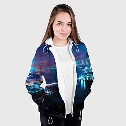 Куртка с капюшоном женская Неоновый город и мост - Синий, цвет: 3D-белый — фото 2