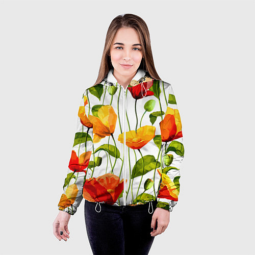 Женская куртка Волнообразный узор из цветков мака Лето / 3D-Белый – фото 4