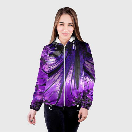 Женская куртка Неоновый фрактал черный с фиолетовым Абстракция / 3D-Белый – фото 4