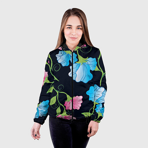 Женская куртка Яркие удивительные цветы в летней ночи / 3D-Черный – фото 4