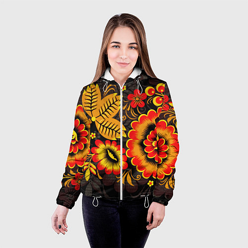 Женская куртка Хохломская Роспись Цветы На Тёмном Фоне / 3D-Белый – фото 4