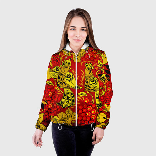 Женская куртка Хохломская Роспись Две Птици На Красном Фоне / 3D-Белый – фото 4