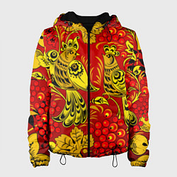 Куртка с капюшоном женская Хохломская Роспись Две Птици На Красном Фоне, цвет: 3D-черный