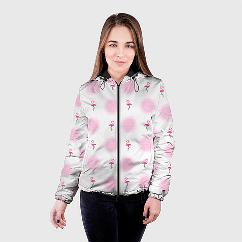 Женская куртка Фламинго и круги на белом фоне / 3D-Черный – фото 4