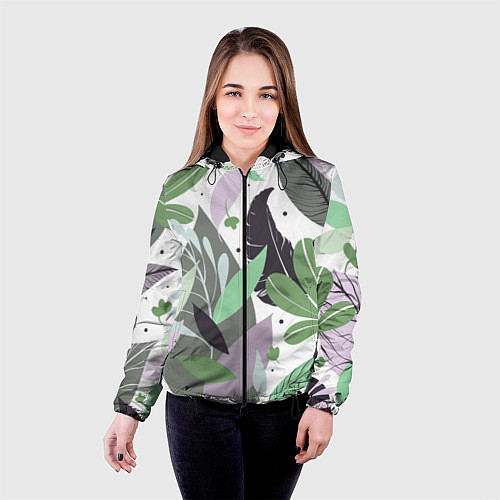 Женская куртка Зелёные, серые, голубые, сиреневые листья на белом / 3D-Черный – фото 4