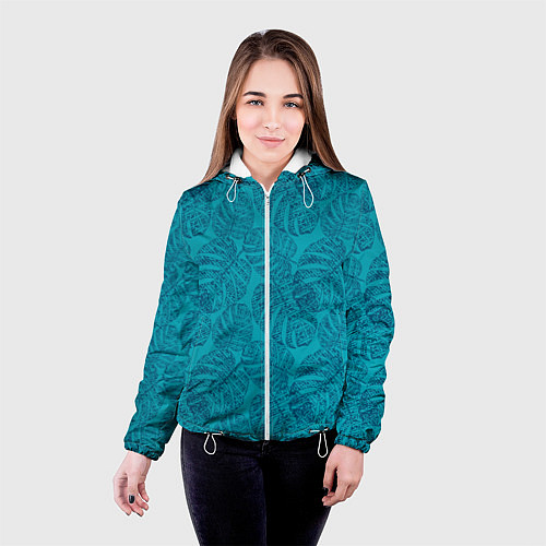 Женская куртка Синие листья монстеры на голубом / 3D-Белый – фото 4