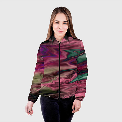 Женская куртка Абстрактный размытый узор в розово-зеленых цветах / 3D-Черный – фото 4