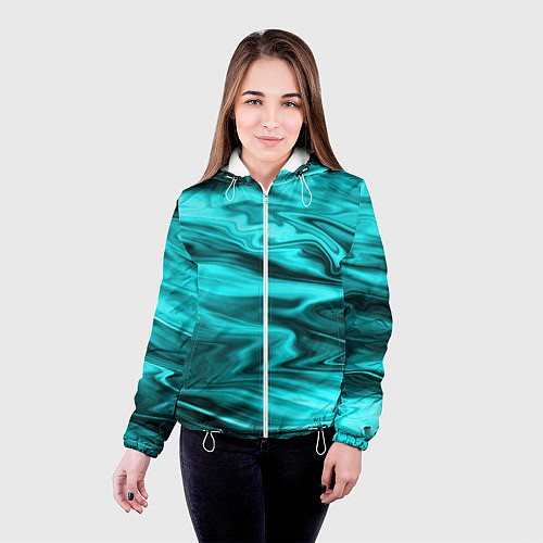 Женская куртка Неоновый бирюзовый мраморный узор / 3D-Белый – фото 4