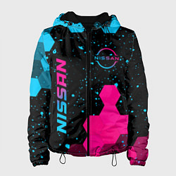Куртка с капюшоном женская Nissan - neon gradient: символ и надпись вертикаль, цвет: 3D-черный