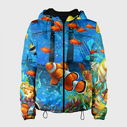 Куртка с капюшоном женская Затонувший корабль в окружении обитателей океана, цвет: 3D-черный