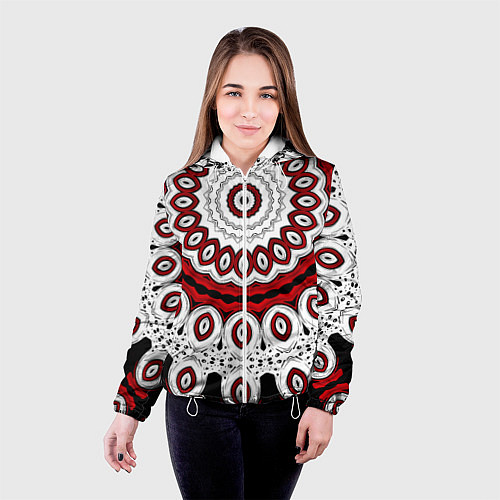 Женская куртка Красно-черный калейдоскоп мандала / 3D-Белый – фото 4