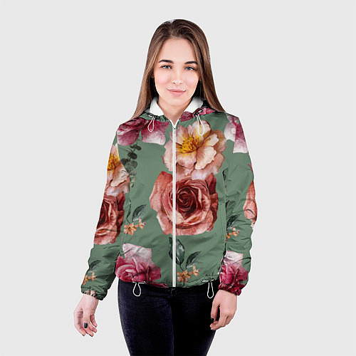 Женская куртка Цветы Нарисованные Розы и Пионы / 3D-Белый – фото 4