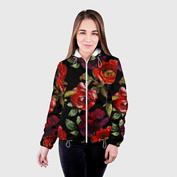 Куртка с капюшоном женская Цветы Нарисованные Розы На Чёрном Фоне, цвет: 3D-белый — фото 2