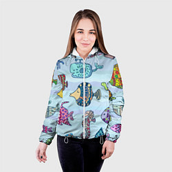 Куртка с капюшоном женская Кит, черепаха, акула и другие обитатели океана, цвет: 3D-белый — фото 2