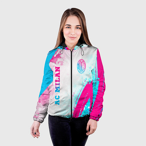Женская куртка AC Milan neon gradient style: символ и надпись вер / 3D-Черный – фото 4