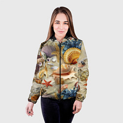 Куртка с капюшоном женская Морские раковины, кораллы, морские звёзды на песке, цвет: 3D-черный — фото 2