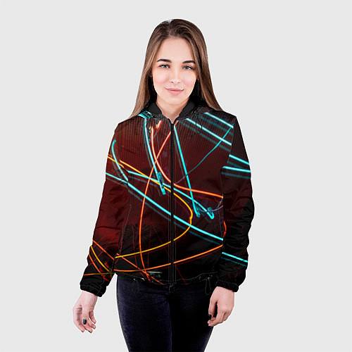 Женская куртка Неоновые лучи на тёмной поверхности / 3D-Черный – фото 4