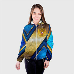 Куртка с капюшоном женская Золотой герб России на синем объемном фоне, цвет: 3D-белый — фото 2
