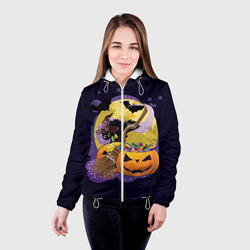 Женская куртка Чёрный котёнок и тыквы / 3D-Белый – фото 4