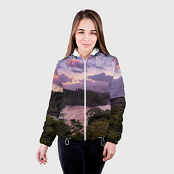 Куртка с капюшоном женская Пейзаж вечерней реки и леса, цвет: 3D-белый — фото 2